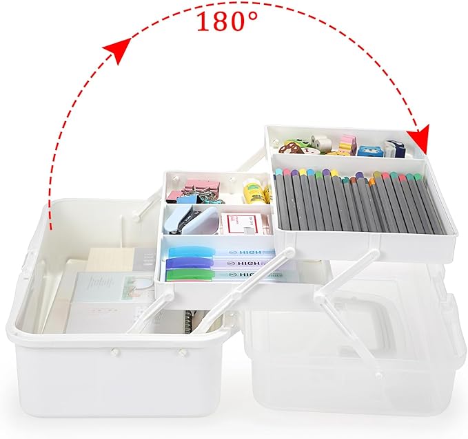 BTSKY 3-Layer Plastic Dividing Storage Box Craft Organizer with Adjustable Spacers Portable Handled Art Supply Organizer Multipurpose Home Utility Box for Medicine Box Sewing Box (Beige White)