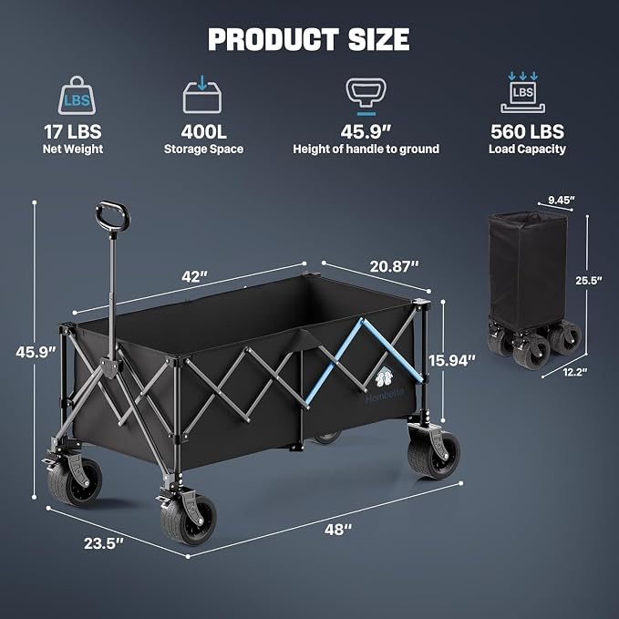 Homebetta 48" XL Collapsible Wagon Cart, 400L Heavy Duty Folding Wagon with All-Terrain Wheels and Sled Board, 560 lbs Capacity Utility Wagon for Camping, Garden, Sports, Beach and Shopping