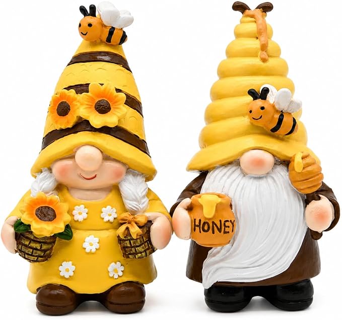 nuvagiki Bee Gnome Decor Set of 2, Honey Bee Gnome Figurines with Sunflower and Honey Pot, Rustic Farmhouse Bee Tiered Tray Decor for Spring Summer Kitchen Shelf Tabletop Decorations