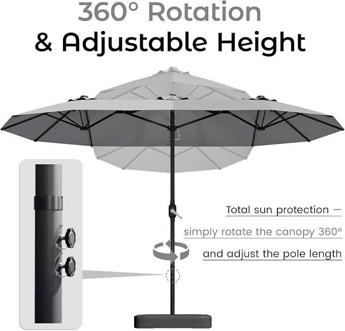 DomeShade 15ft Patio Umbrella with Base,Large Outdoor Double-Sided Rectangle Umbrella with Crank Handle, Market Umbrella for Poolside Garden Deck Backyard Beach Pools, Gray