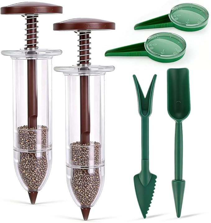 Mini Seed Spreader, 2026 New Seed Planter Tool Manual Seedlings Dibber and Widger Set, Sowing Seed Dispenser with 5 Speeds for Tiny Seeds (Brown,6Pcs)