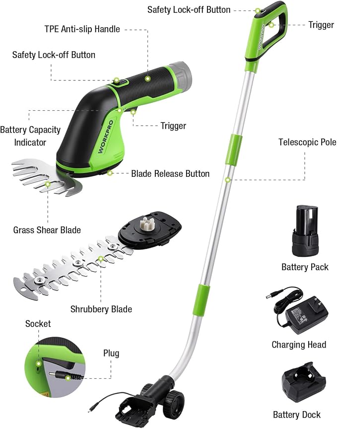 WORKPRO 12V Cordless Grass Shear, 2-in-1 Electric Hedge Trimmer & Grass Cutter, with 37’’ Wheeled Extension Pole, 2.0Ah Battery, 1-Hour Fast Charger, Lightweight Bush Trimmer for Lawn and Garden