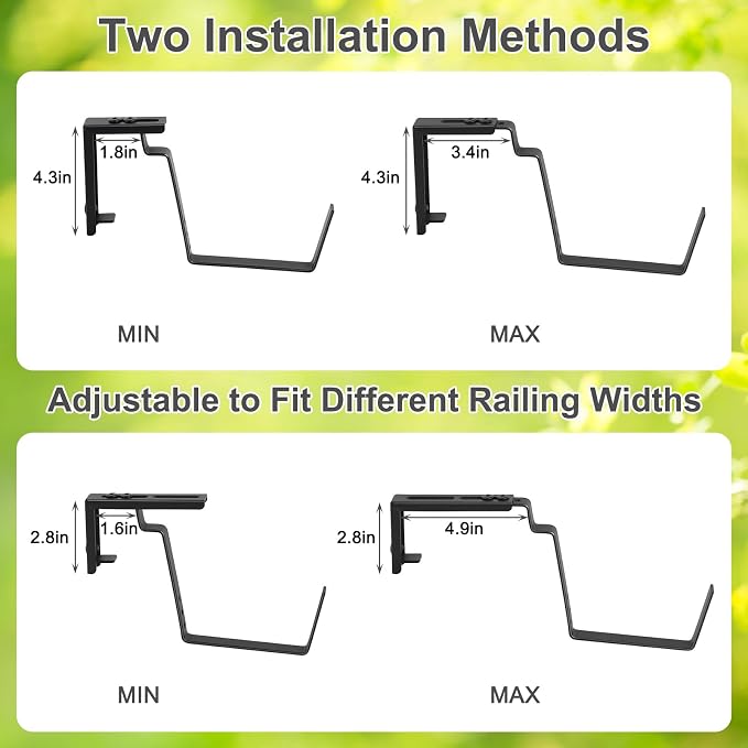 Railing Planter Box 2 Tier Window Boxes Planters Set of 2 with 4 Pack Flower Boxes 16.9 Inch Deck Railing Planter with Adjustable Brackets Black Balcony Fence Hanging Planters for Outdoor Porch Patio