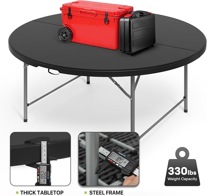 Magshion 65" Round Folding Table, 5 Feet Bi-Folding Plastic Commercial Dining Card Table w/Carrying Handle for Outdoor Wedding Party Event Picnic, Black