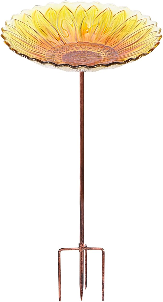 MUMTOP Glass Bird Bath, Garden Outdoor Birdbaths Birdfeeder with Metal Stake, Yellow