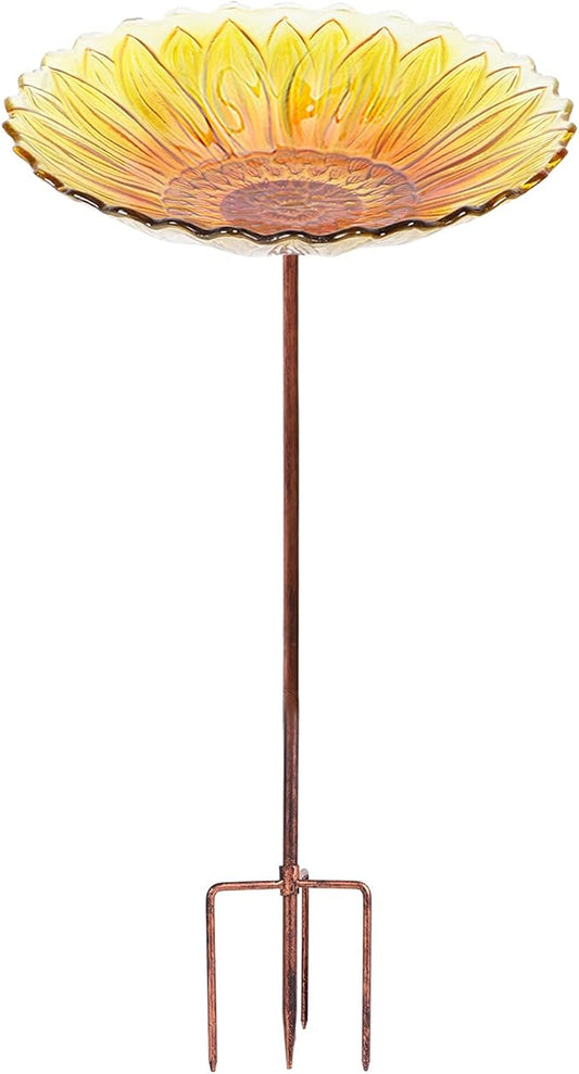 MUMTOP Glass Bird Bath, Garden Outdoor Birdbaths Birdfeeder with Metal Stake, Yellow