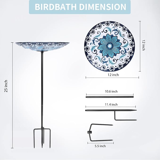 MUMTOP Glass Bird Bath, Garden Outdoor Birdbaths Birdfeeder with Metal Stake, Blue
