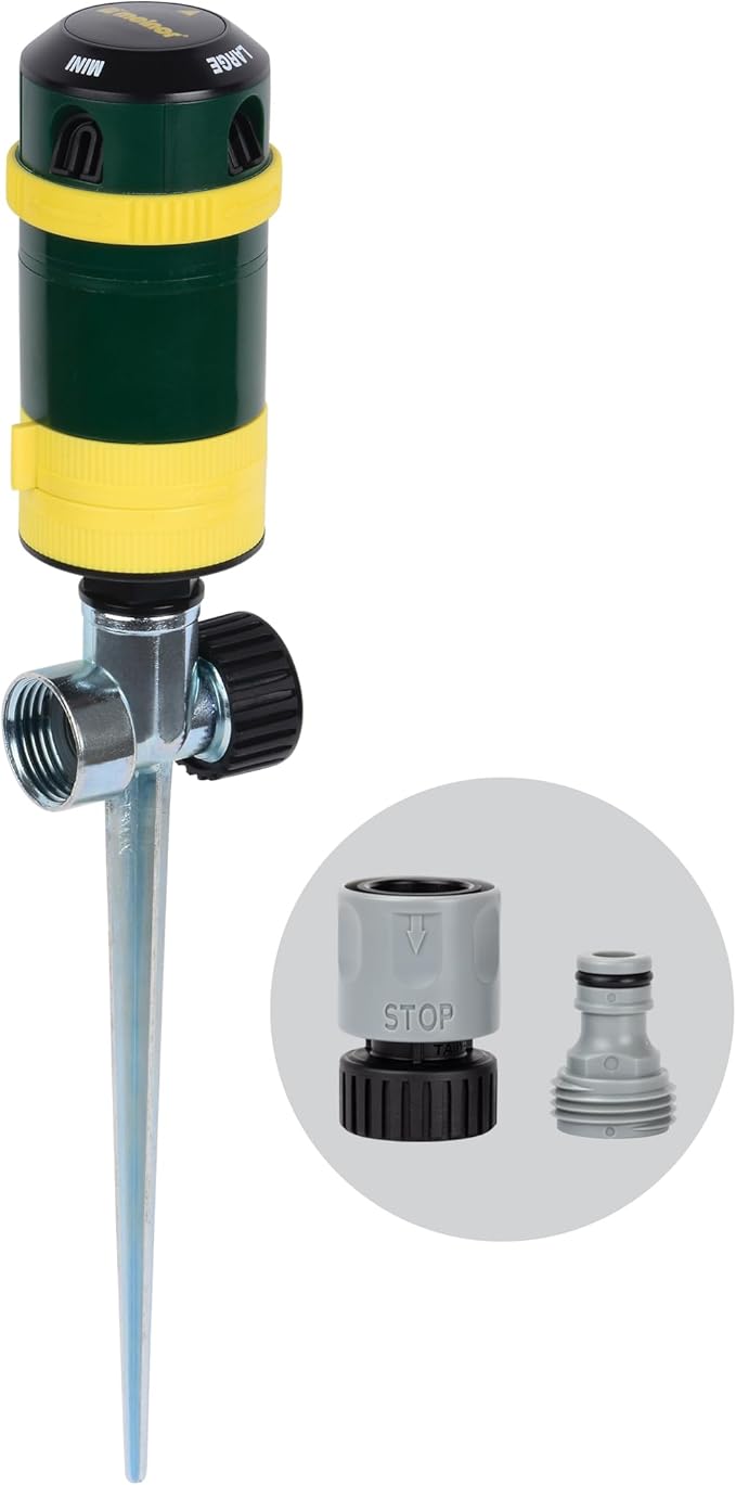 Melnor 65189AMZ Turbo Rotary Sprinkler on Step Spike, 4 Spray Patterns, Covers Up to 68 Ft. Diameter, QuickConnect Set, Green/Yellow