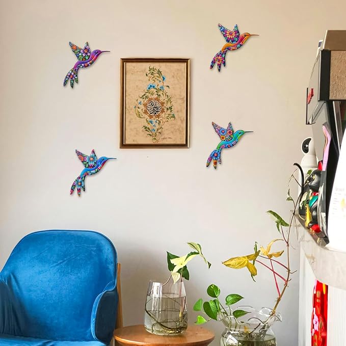 Metal Hummingbird Wall Art, 4 PCS Metal Bird Wall Hanging Decorations for Outdoor Fence Garden Yard Patio Balcony, Garden Gifts for Friends