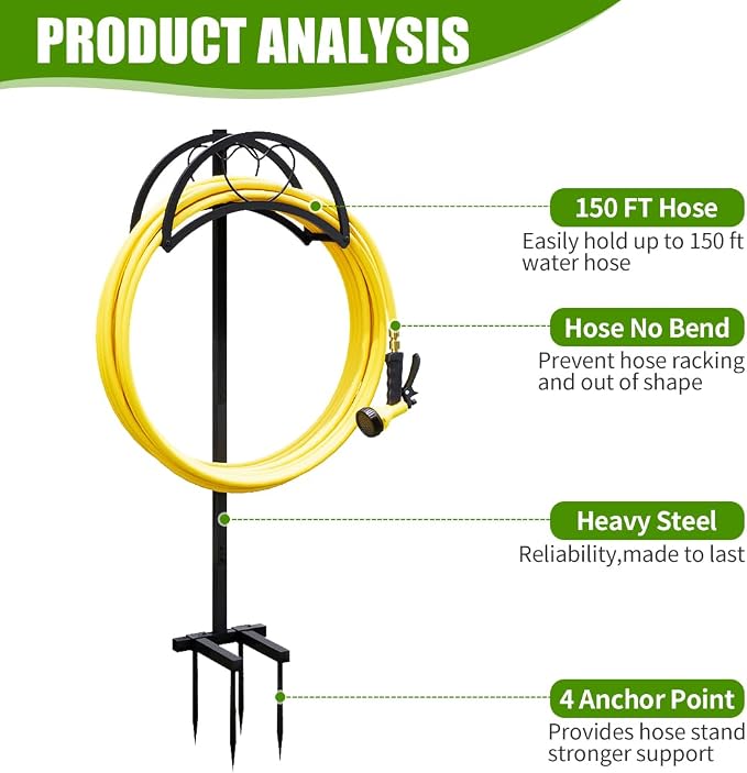 Garden Hose Holder Freestanding Hose Holder Heavy Duty Metal Detachable Hose Reel Stand Water Hose rack For Outside (Black, 15.35 * 6.3 * 41.34)