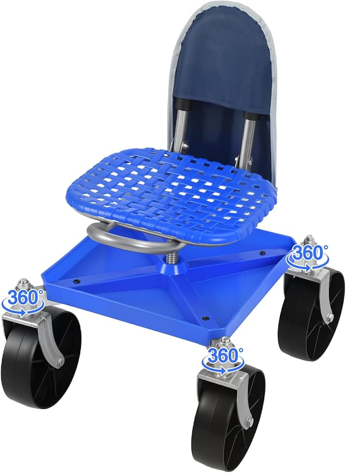 Cuteam Rolling Gardening Seat, Height Adjustable Garden Work Seat with Wheels, Heavy Duty Garden Tool Cart with Storage Tray for Seniors Yard Patio Work, 330 Lbs Capacity (Blue)