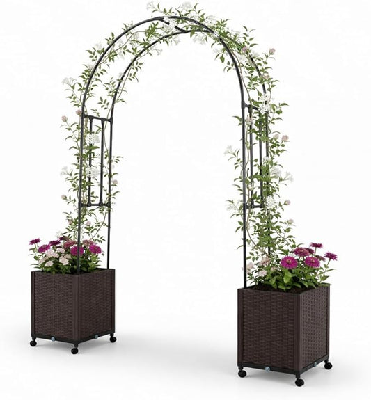 Giantex Metal Garden Arch Trellis Arbor with 2 Self-Watering Planter Boxes, 80" L x 16" W x 91" H PE-Coated Archway with Lockable Rolling Wheels for Climbing Vines, Yard Lawn Party Decorations
