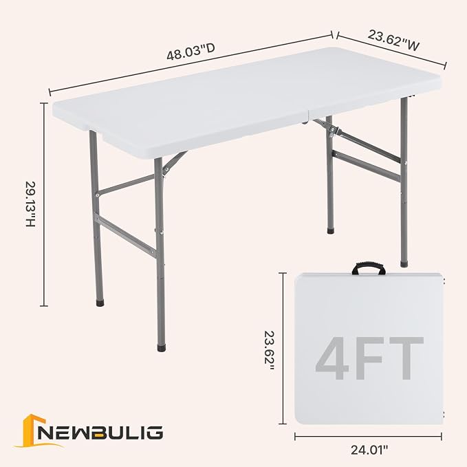 NEWBULIG 4 FT Foldable Table Easy to Fold and Store, Folding Picnic Table for Picnic Camping Kitchen Dining Party Outdoor Indoor with Carrying Handle, White