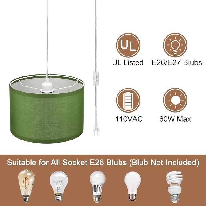 PATIKIL Plug in Pendant Light, 15Ft Rope Cord Hanging Lamp Fixture Army Green