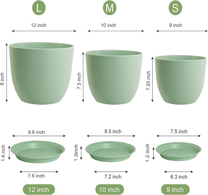 WSMKSZ Large Plant Pots 12/10/9 inch, Set of 3 Modern Decorative Plastic Planters with Drainage Holes and Saucers, Flower Pots for Indoor Outdoor Plants, Green
