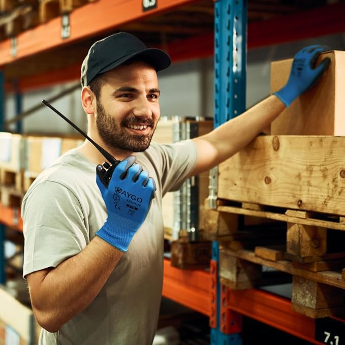 KAYGO Work Gloves for Men and Women, 60 Pairs Seamless Knit PU Coated Safety Gloves, with Smooth Grip on Palm and Fingers, Ideal for Light Warehouse, Manufacturing, Gardening, KG11P (XL, Blue)