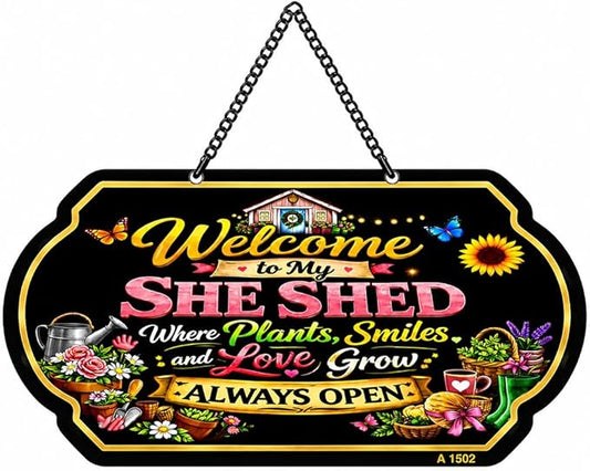 Welcome to My She Shed Sign, Garden Sign 10 x 5 Inch Metal Aluminum Sign with Chain, Decorative Garden Sign for Outdoor Garden Decor for Outside, Gardening Gifts for Women