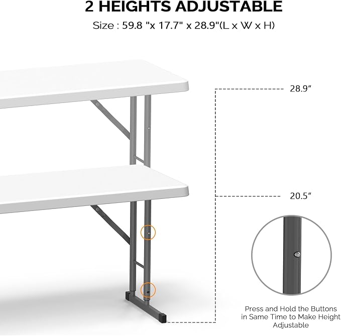 VINGLI 4 FT Narrow Folding Table,Premium Quality HDPE Material and Sturdy Metal Frame, Perfect for Buffet, Seminar, Party, Training, Home Work, White