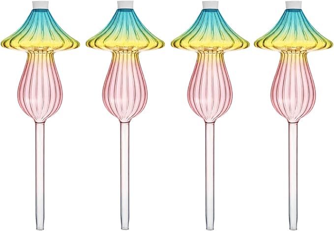 4 PCS Glass Plant Watering Globes Mushroom, Watering Bulbs for Indoor Plants, Rainbow Gradient Color Glass Mushroom Watering Bulbs, for Vacation Plant Care.
