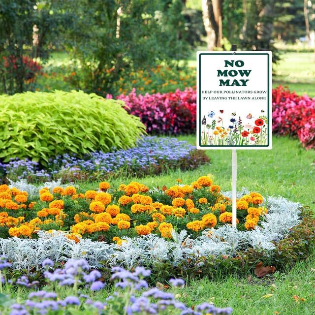 No Mow May Yard Sign With Stake Do Not Mow Reflective Aluminum Lawn Signs Rust Free Protect Pollinator Habitat Wildflowers Garden Signs (8x12) IN