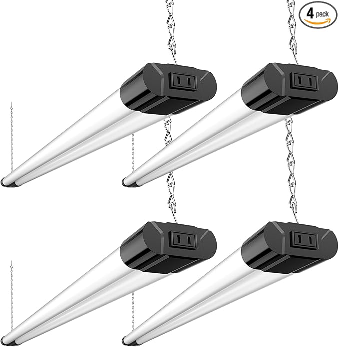 BBOUNDER 4 Pack Linkable LED Utility Shop Light, 4400 LM, Super Bright 6500K Cool Daylight, 4 FT Integrated Fixture for Garage, 40W Equivalent 250W, Surface + Suspension Mount, Black