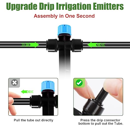 30pcs Drip Irrigation Emitters, Kalolary Adjustable 360 Degree Water Flow Emitters for 1/4" Tubing, Two-Way Connection Irrigation Drippers for Garden, Lawn, and Greenhouse Watering Systems(Blue)