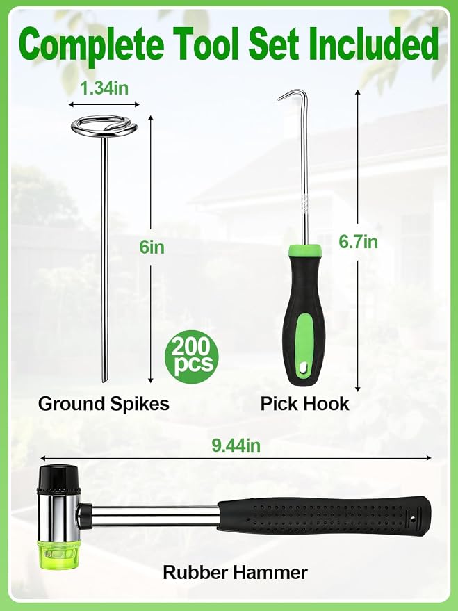 6 Inch Landscape Staples with Hook & Hammer - 200pcs Circle Top Weed Barrier Stakes Kit, 9 Gauge Galvanized Rust-Resistant Garden Fabric Pins, for SOD, Garden Edging, Install & Remove Tools Included