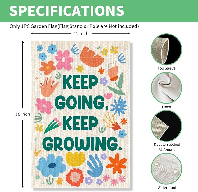 Perfectinsoy Keep Going Keep Growing Garden Flag for Outdoor, Positive Flowers Yard Banner, Community Welcome House Yard Home Holiday Farmhouse Patio Porch Lawn Decor, Floral Garden Flag Gifts