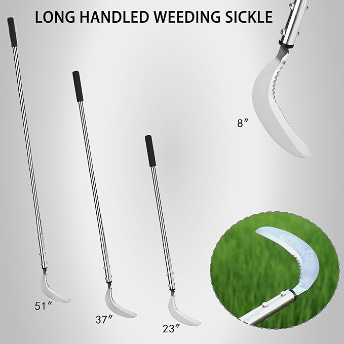 YEELOR Weeding Sickle, Serrated & Plain-Edged Combined Steel Scythe 51-Inch Adjustable Long Handle, Lightweight Long-Handled Garden Sickle Tool for Gardens, Yards, Fields & Overgrown Areas