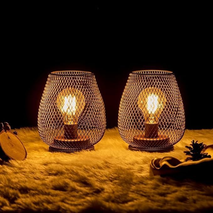 Set of 6 Battery Operated Lamp LED Table Lantern, Brown Metal Cage Cordless Lamps with LED Bulb，Vintage Decorative Outdoor Lantern for Weddings, Parties, Patio, Events for Indoors Shelf Decor