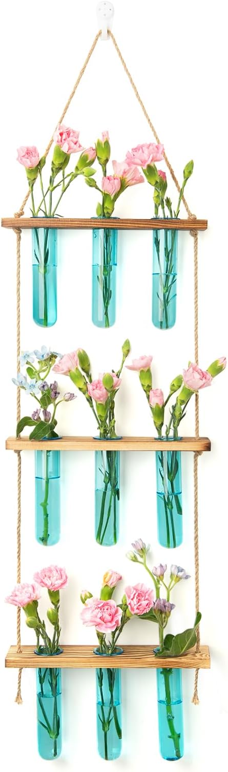 XXXFLOWER Wall Hanging Propagation Station with Wooden Stand 9 Test Tubes Vases Tiers Planters Wall Terrarium for Home Office Plant Hanger Flower Vases Wall Decor Hydroponic Cuttings(Blue)