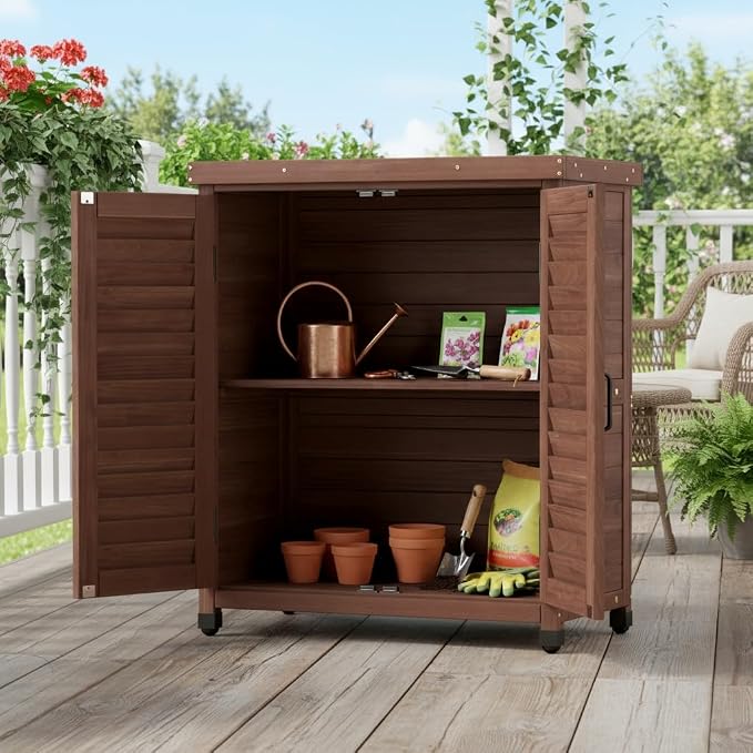 Wooden Outdoor Storage Cabinet, Outdoor Bar Table Cabinet with Storage, Outdoor Buffet Sideboard for Patio, Garden, Potting Bench, TV Stand, Bar Table, Balcony, Brown
