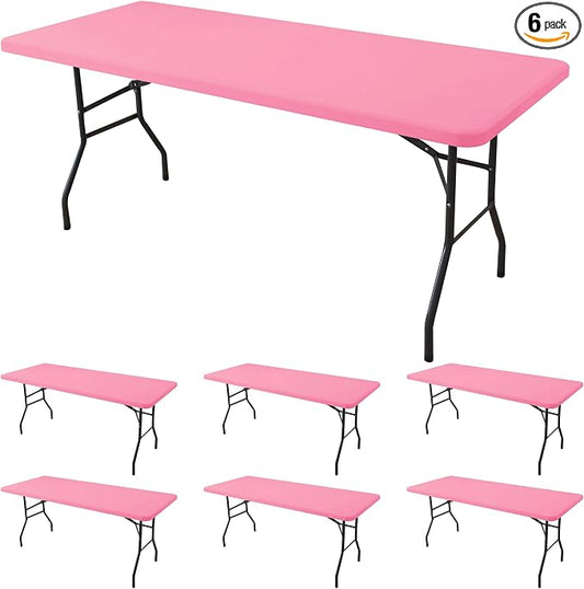 Fitted Tablecloth for 8 Foot Rectangle Tables-6 Pack Pink Elastic Outdoor Picnic Table Cover-Spandex Stretch Folding Table Cloths 8ft for Camping Dining Room Patio Kitchen Banquet Party
