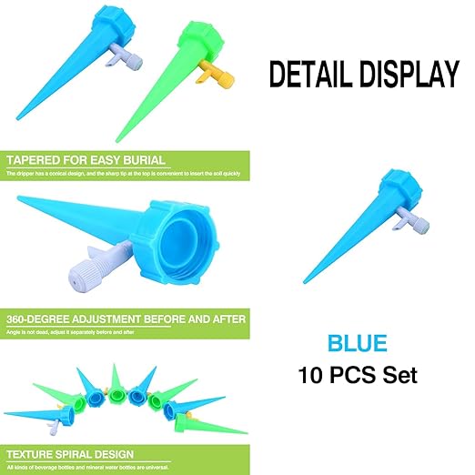 10 Pack Self Watering Spikes for Plant,Indoor & Outdoor Automatic Plants Waterer,Plug-in Device with Adjustable Valve Switch, Self Watering Planter Insert (10 Blue)