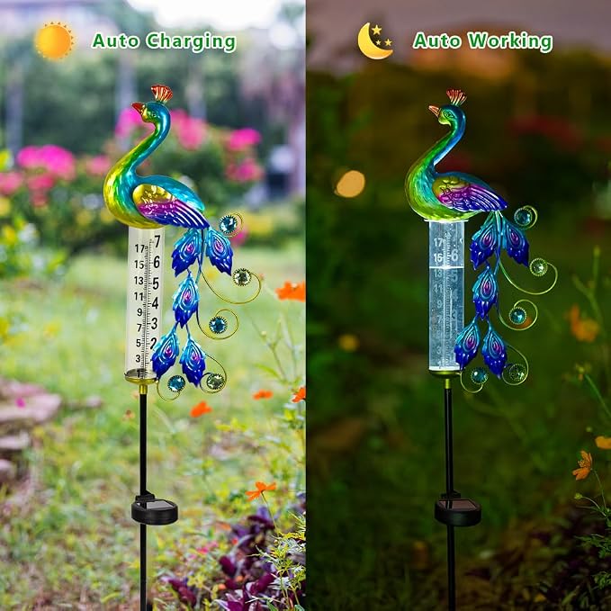 Peacock Rain Gauge Outdoor 36.6" Solar Powered Large Rain Gauges Freeze Proof Water Gauge with Metal Stakes Decorative for Garden,Lawns,Patio