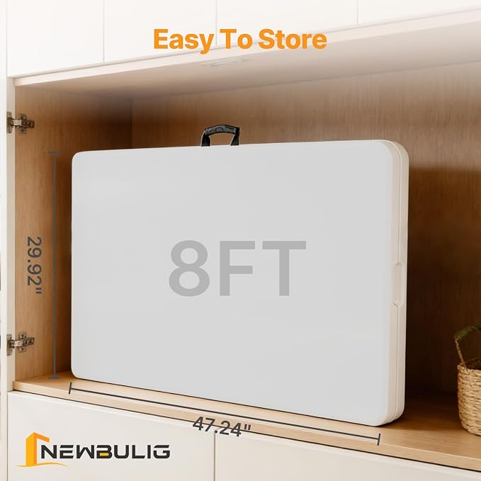 NEWBULIG 8 FT Foldable Table Easy to Fold and Store, Folding Picnic Table for Picnic Camping Kitchen Dining Party Outdoor Indoor with Carrying Handle, White