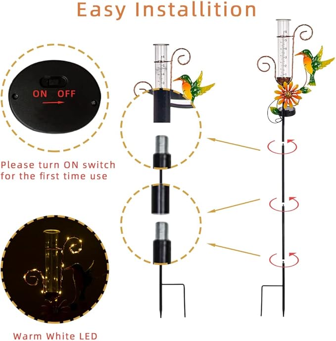 Stargarden Hummingbird Rain Gauge Outdoor,Metal Solar Rain Gauge Decorative Waterproof for Yard Garden Patio Lawn