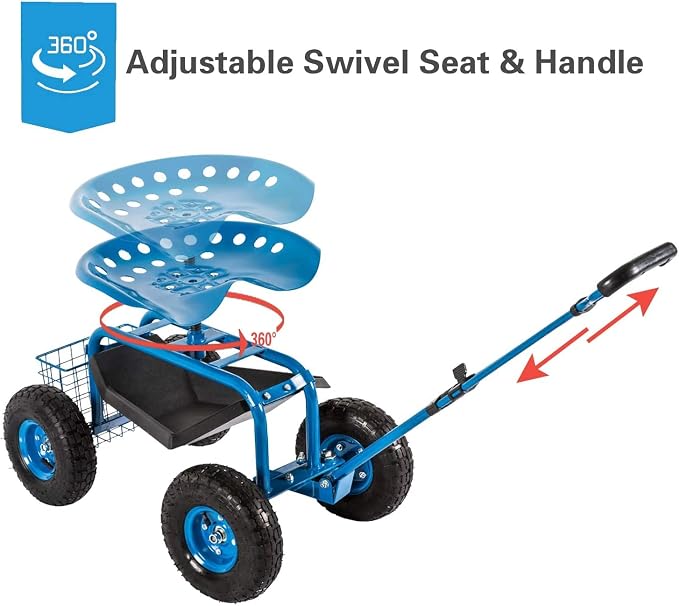 Peach Tree Garden Cart Rolling Work Seat Outdoor Utility Lawn Yard Patio Wagon Scooter for Planting, Adjustable Handle 360 Degree Swivel Seat Blue