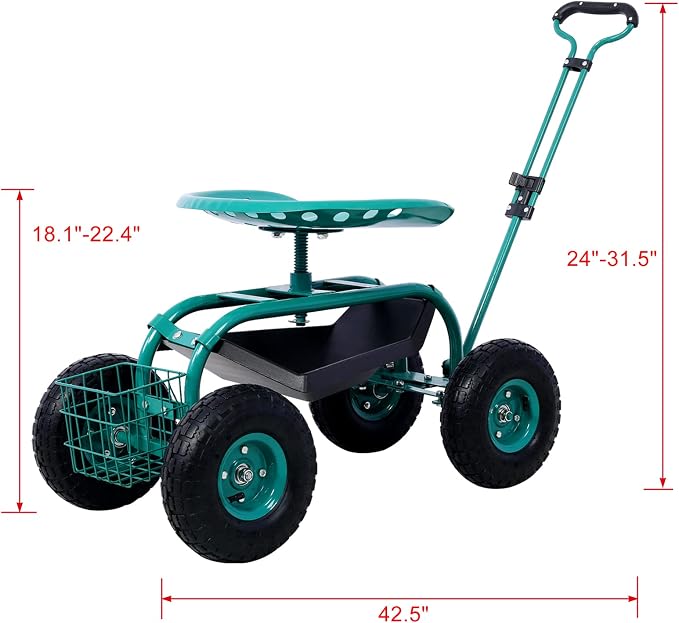Rolling Garden Cart with Seat 360 Degree Swivel Seat Garden Scooter, Heavy Duty Garden Stool with Wheels, Utility Tool Tray Basket, Green