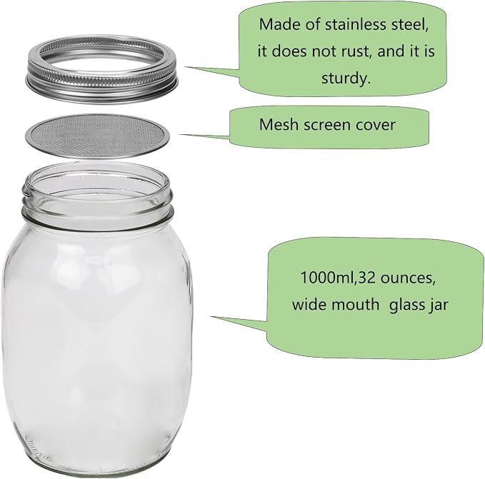 2Pack Sprouting Kit,1000ml Sprouting Jar with Mesh Lids and Stands, Microgreens Sprouts Growing Kit, Broccoli Sprouts Seeds Sprouting Jars with Screen Lids,Blackout Sleeves, Tray