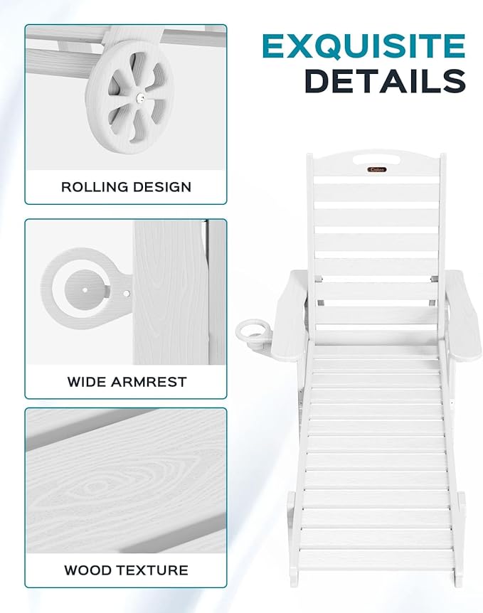 Ciokea Outdoor Chaise Lounge Chair Set of 2, Patio Lounge Chairs for Outside, HDPE Lounge Chairs with Wheels & Cup Holder, Poly Lounge Chair with 5 Position for Poolside, Deck, White