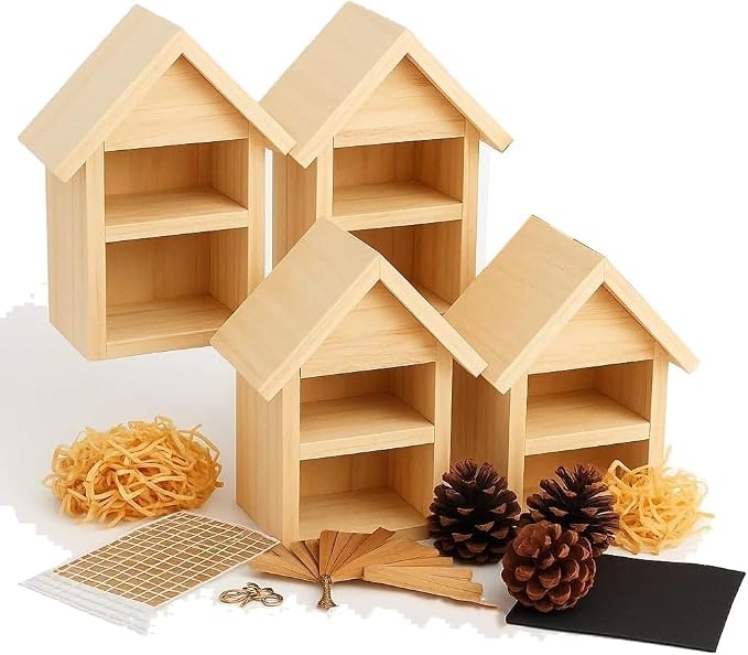 CEDAR ALPHA 4 Pack DIY Insect Hotel Kit, Backyard Insect House, Solid Wood 5.9"x 7.7"x 4.7", UVcoating Painted, Bee House, Nesting Habitat Shelters, Garden Shelter for Bees, Butterflies, Bugs