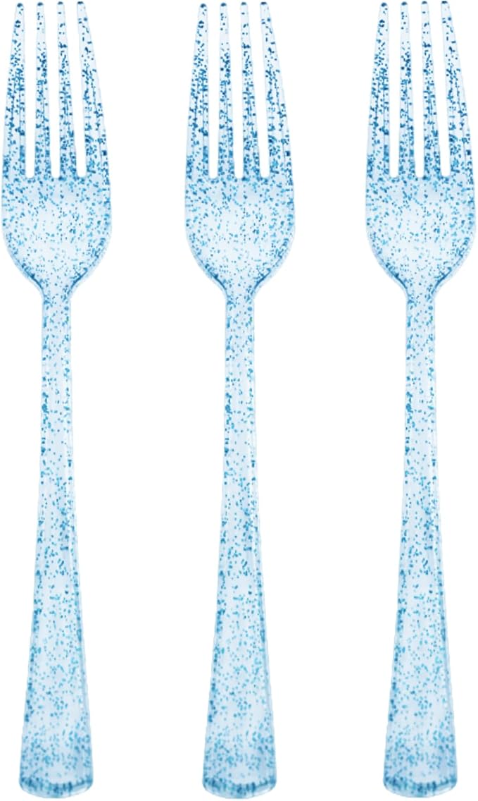 50 Pcs Blue Plastic Forks Blue Glitter Silverware Heavy Duty Plastic Utensils Disposable Cutlery Set for Brithday, Baby Shower, Picnic