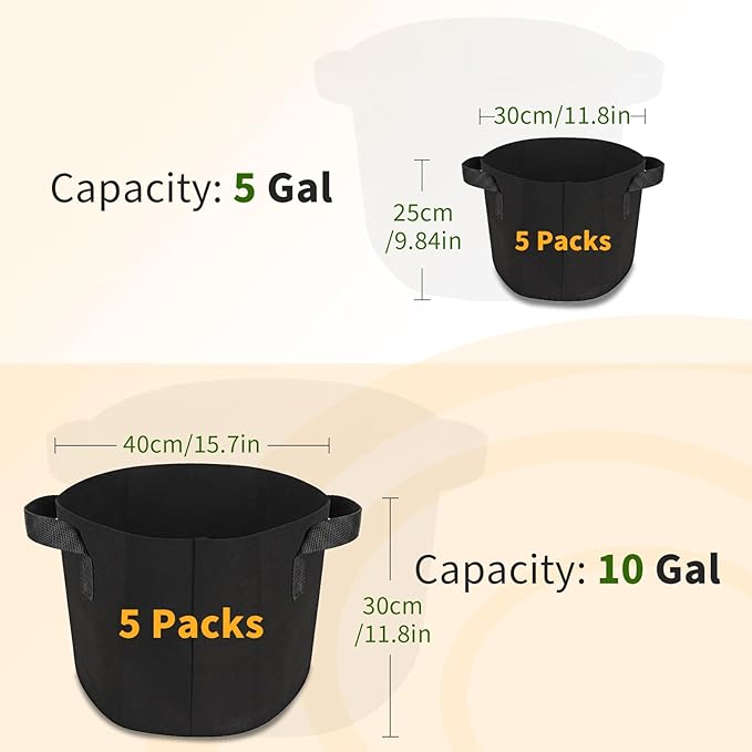 Hoikwo 10-Pack Grow Bags, 5-Pack 5 Gallon, 5-Pack 10 Gallon, Nonwoven Fabric Pots with Handles for Balcony, Patio, Garden, Greenhouse, for Urban Gardeners, Farms, Air Pruning for Tomatoes Potatoes