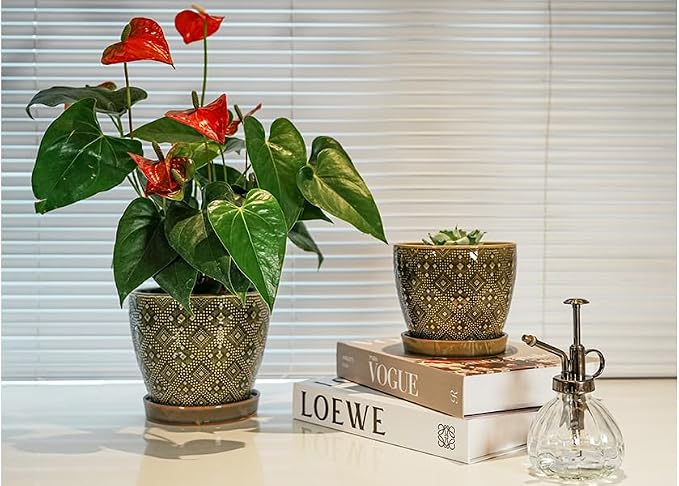 Docrin Dark Green Ceramic Planter Set - 6.6"+5.5" Indoor Outdoor Pots with Drainage Holes & Saucers for Home Office Decor