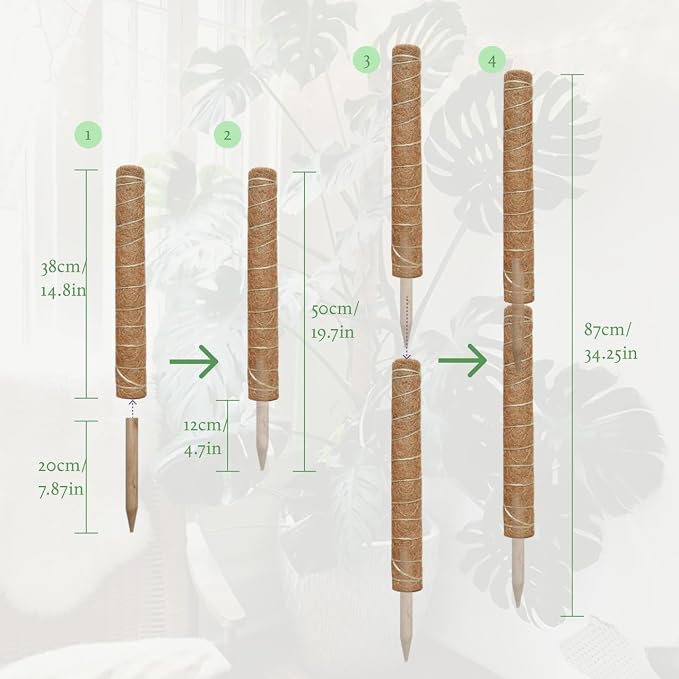 Moss Pole for Plants 4 Pack Natural Coco Coir Climbing Support Stakes with Plant Ties Indoor Monstera Plant Training Extension Poles 14.8inch Each Total 59.2inch