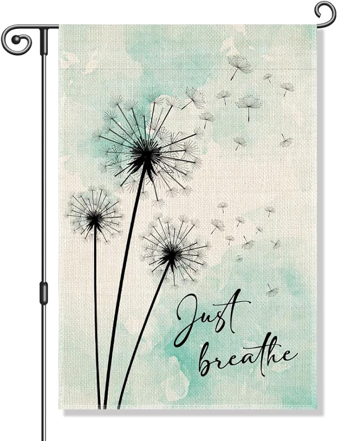 Perfectinsoy Just Breathe Garden Flag, Blue Dandelion Garden Banner, Welcome Yard Home Holiday Farmhouse Porch Patio Lawn Outside Decor, Mental Health Flag Gifts, Positive Home Garden Decor Gifts