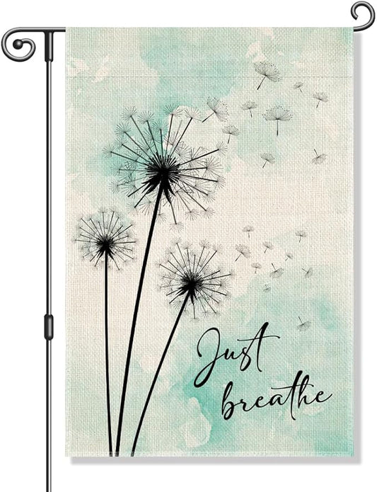 Perfectinsoy Just Breathe Garden Flag, Blue Dandelion Garden Banner, Welcome Yard Home Holiday Farmhouse Porch Patio Lawn Outside Decor, Mental Health Flag Gifts, Positive Home Garden Decor Gifts