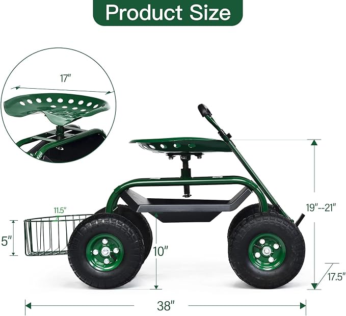 IRONMAX Garden Cart with Seat, Gardening Rolling Stool Scooter with 10’’ All-Terrain Wheels, Adjustable Steering Handle, Tool Tray and Basket, Outdoor Work Seat for Planting (Green)