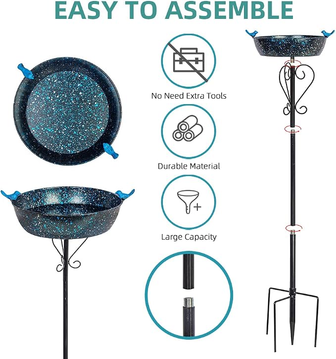 Outdoor Garden Bird Bath, Metal Birdbath with Stable Stakes Bird Feeders for Outdoor Yard Lawn Patio (3" Deep*35" Height)